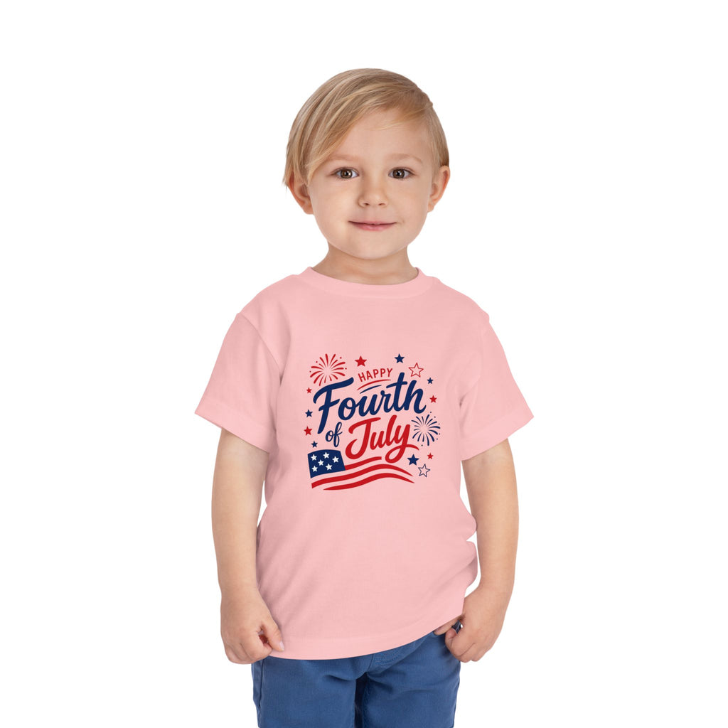 Happy Fourth of July Patriotic T-Shirt, Americana Fireworks Graphic Tee, Retro Independence Day Shirt, Summer Celebration Apparel, Red White Blue Outfit Toddler Short Sleeve Tee
