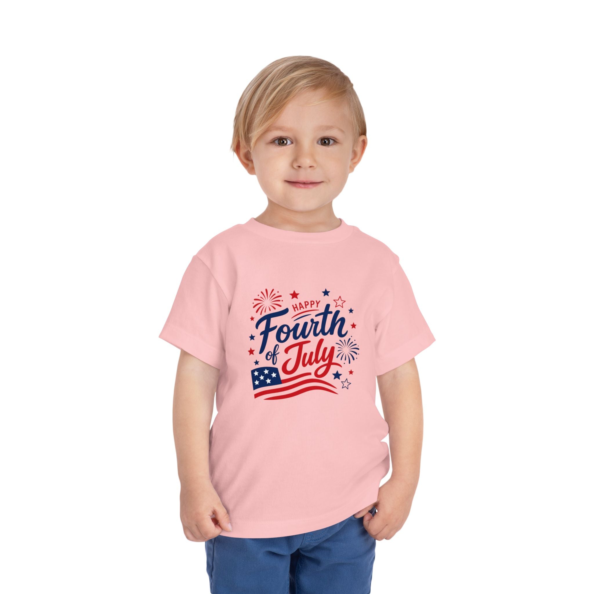 Happy Fourth of July Patriotic T-Shirt, Americana Fireworks Graphic Tee, Retro Independence Day Shirt, Summer Celebration Apparel, Red White Blue Outfit Toddler Short Sleeve Tee