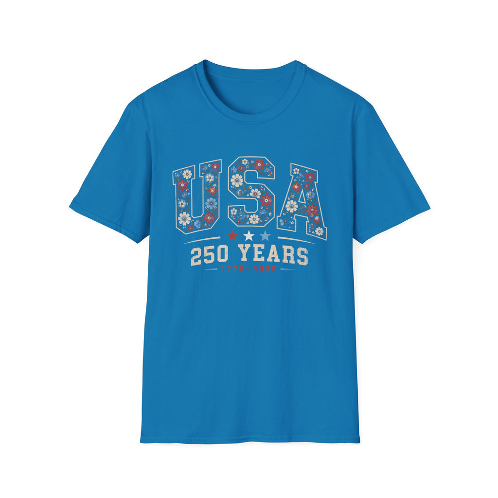 USA 250 Years T-Shirt | Semiquincentennial Patriotic Floral Graphic Tee, 1776 2026 Varsity Block Lettering Top