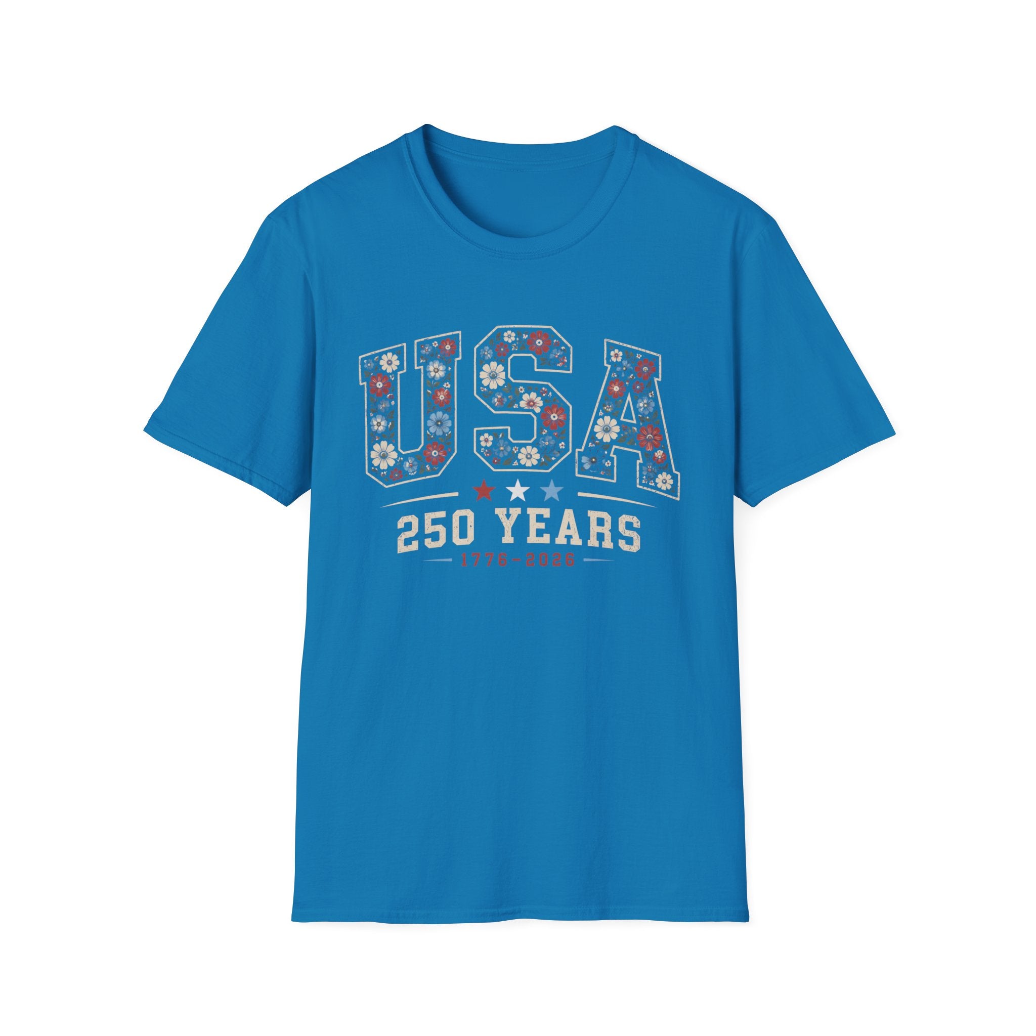 USA 250 Years T-Shirt | Semiquincentennial Patriotic Floral Graphic Tee, 1776 2026 Varsity Block Lettering Top