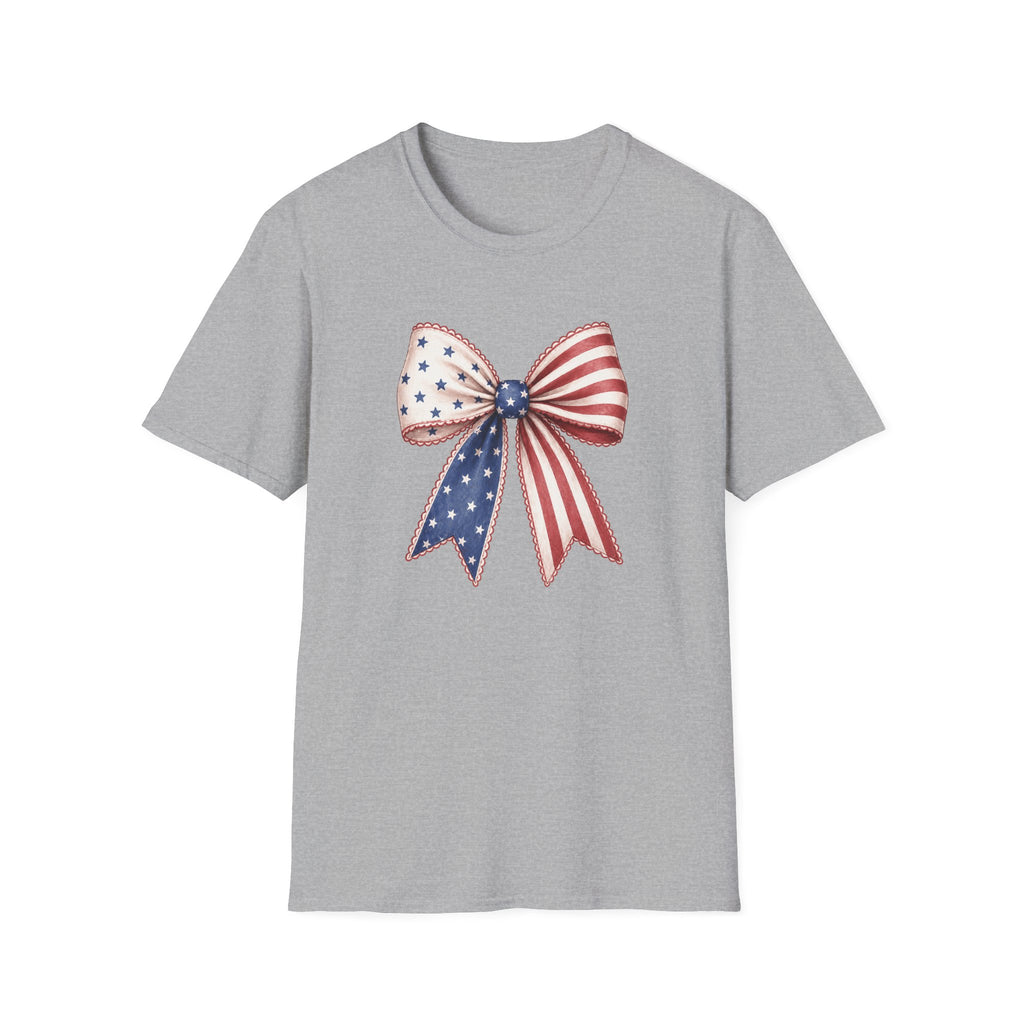 Patriotic American Flag Bow Tee, USA Pride Graphic Shirt, Fourth of July Outfit, Cute Red White Blue Bow Top