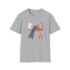 Patriotic American Flag Bow Tee, USA Pride Graphic Shirt, Fourth of July Outfit, Cute Red White Blue Bow Top