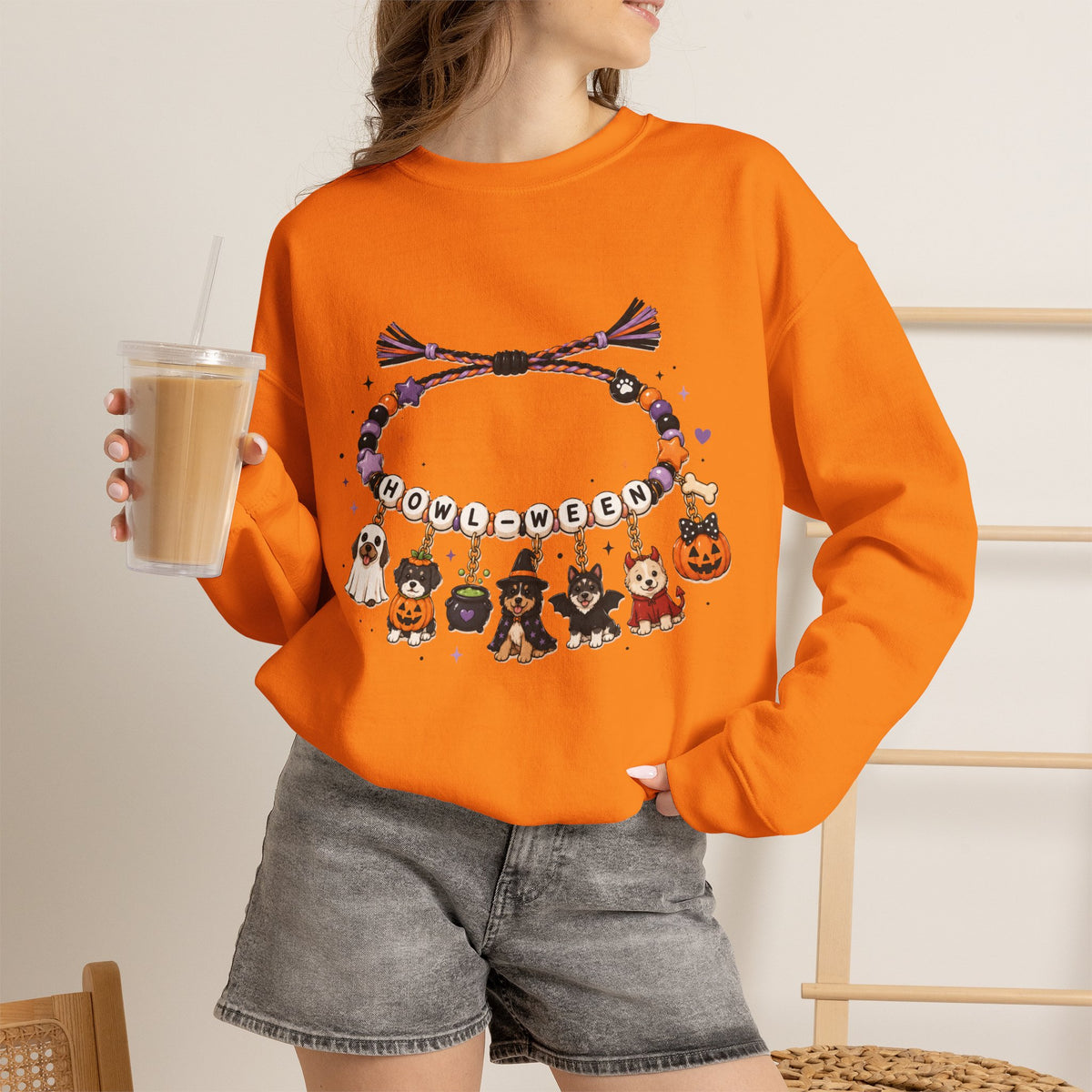 Halloween Charm Bracelet Cute Howl-ween Puppy Dog & Ghost Crewneck Sweatshirt