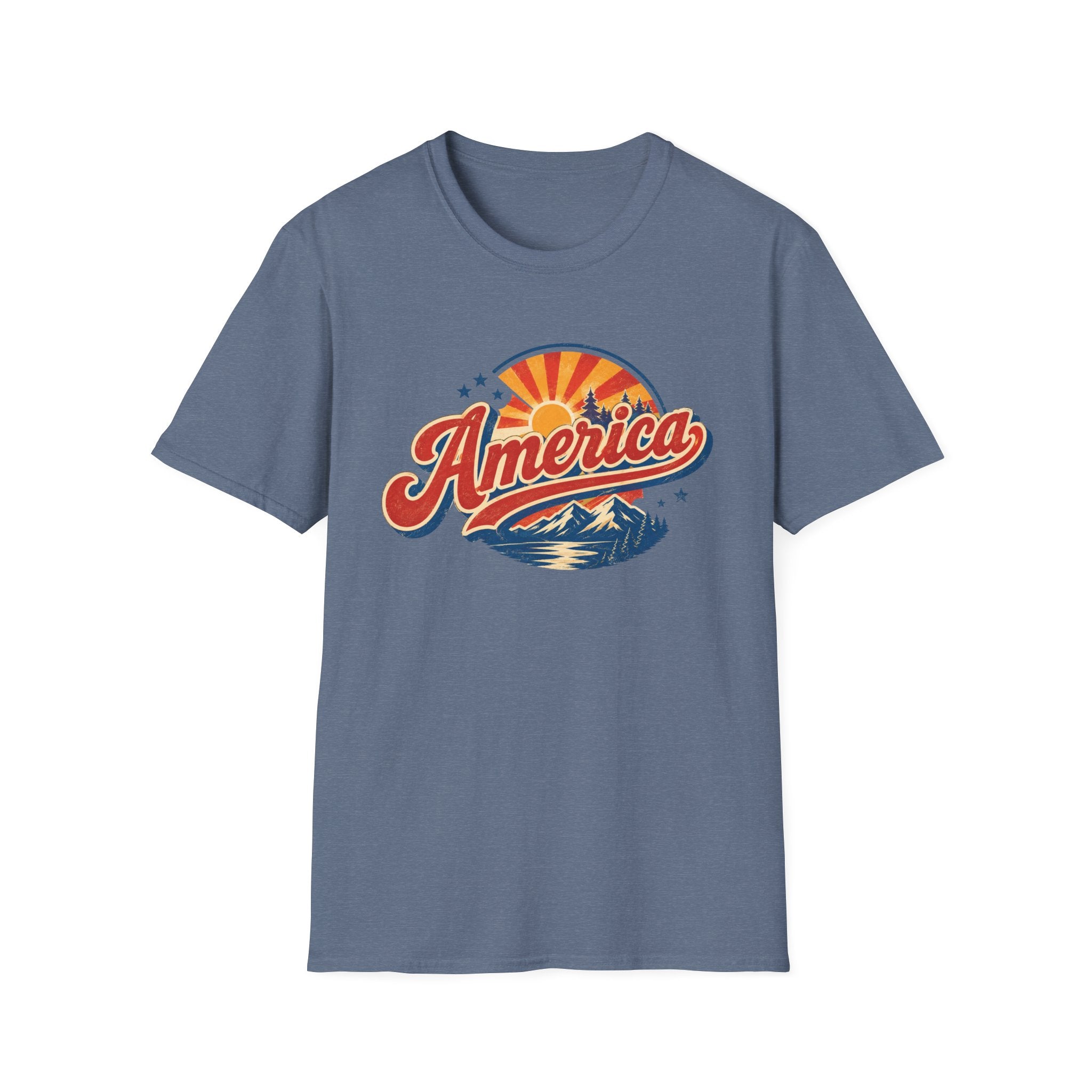Retro America Shirt 4th of July Vintage Mountain Graphic Tee Sunset Landscape Fourth July Patriotic Stars Nature Lover