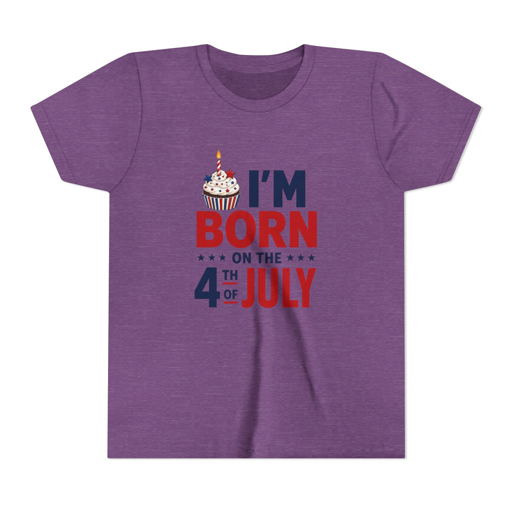 Born on the 4th of July Tee, Patriotic Birthday USA Shirt, Red White Blue Cupcake Graphic Top, Independence Day Celebration Outfit Youth Short Sleeve Tee