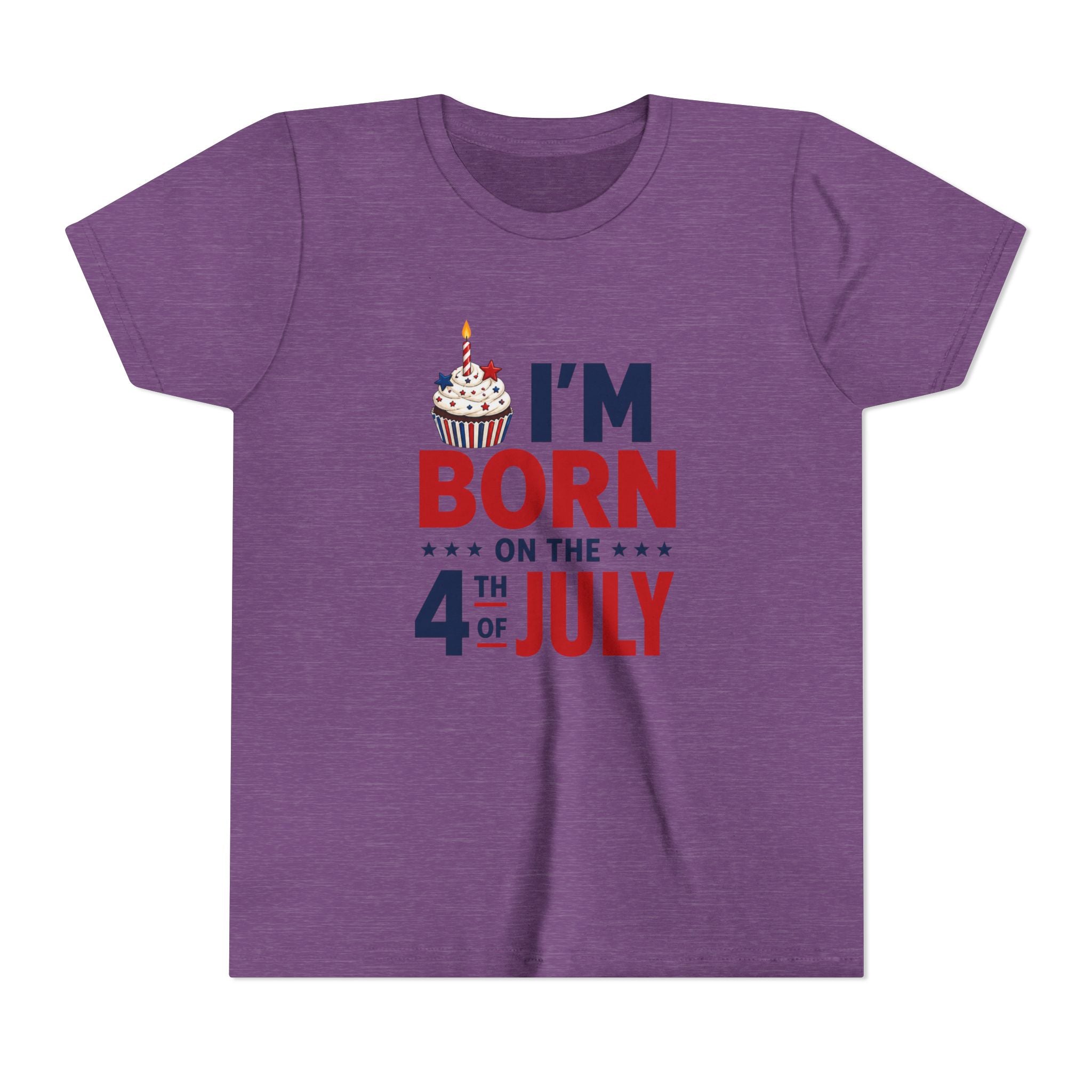 Born on the 4th of July Tee, Patriotic Birthday USA Shirt, Red White Blue Cupcake Graphic Top, Independence Day Celebration Outfit Youth Short Sleeve Tee