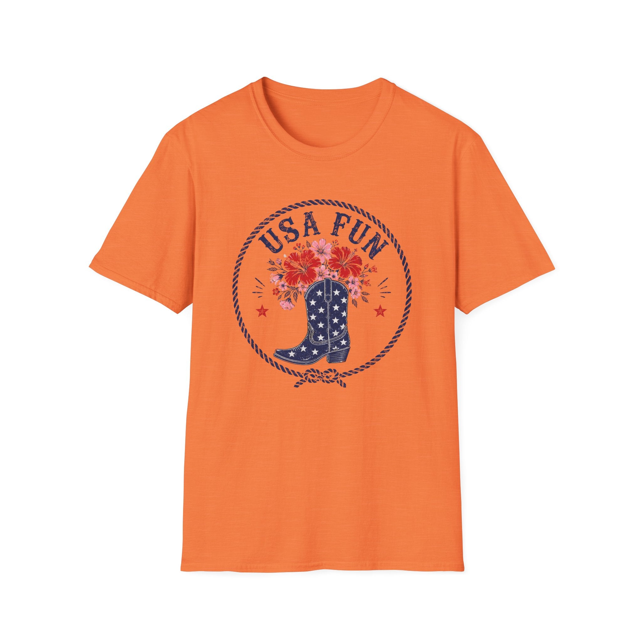 USA Fun Floral Cowboy Boot T-Shirt, Western Patriotic Hibiscus Boot Tee, Country 4th of July Rope Circle Shirt, Star Boot Wildflower America Gift
