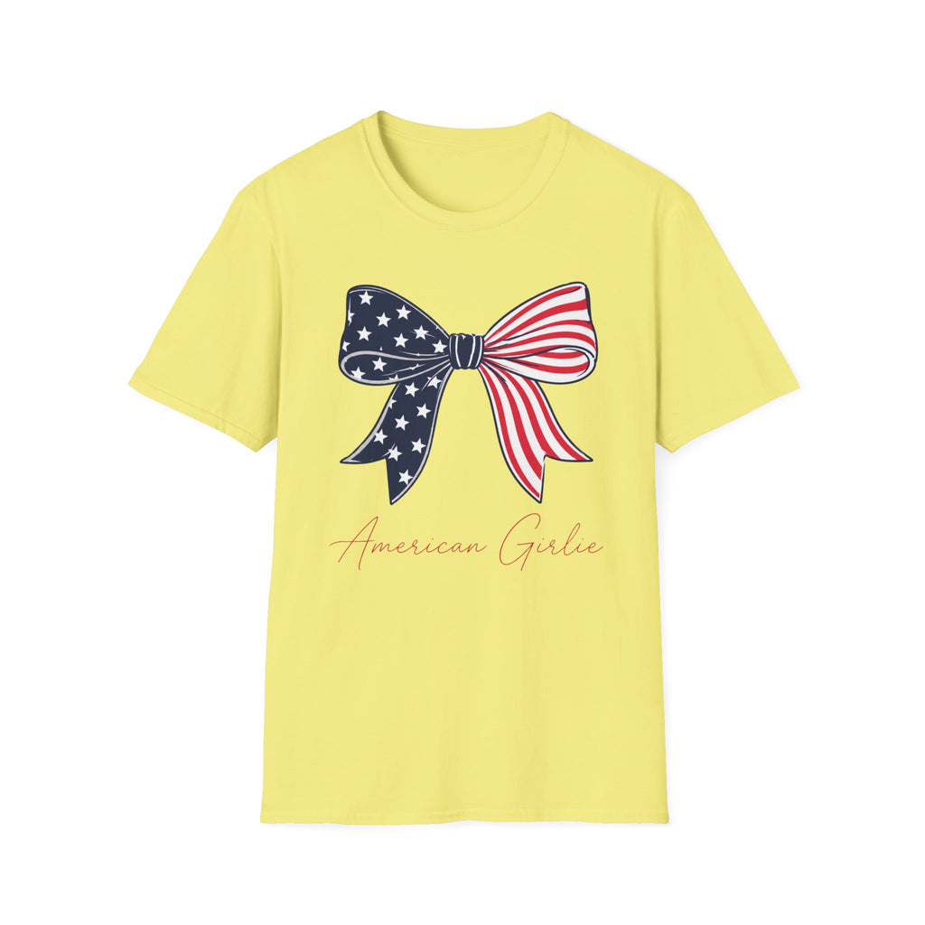American Girlie Bow Shirt, Clean Split Flag Coquette Tee, Navy Stars Red Stripes Bow 4th of July Women Girls, Bold Graphic Patriotic Script Gift Independence Day