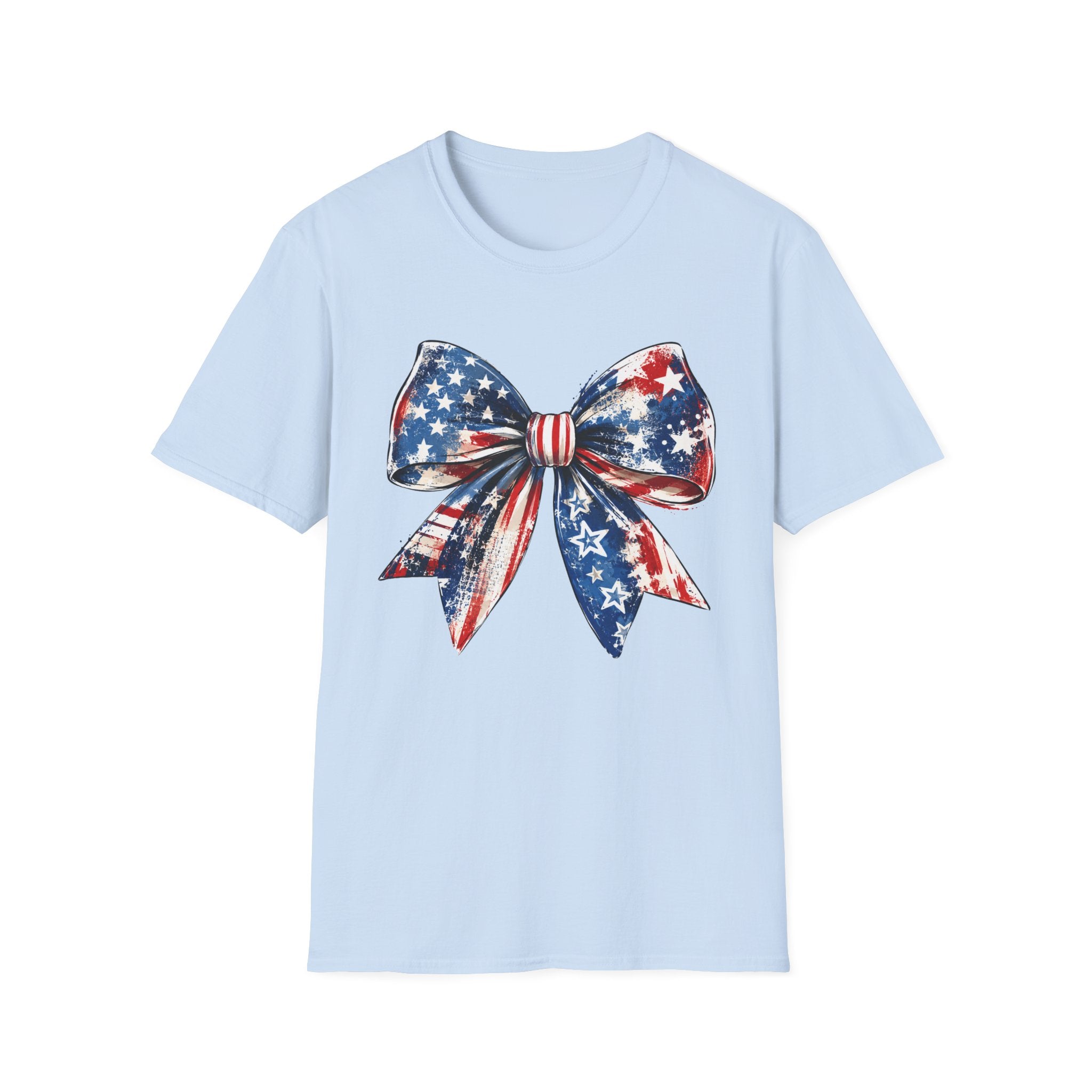Distressed Watercolor Patriotic Bow T-Shirt, Vintage Grunge American Flag Bow Tee, Worn Texture Coquette 4th of July Shirt, Brushstroke Stars Stripes Bow Gift
