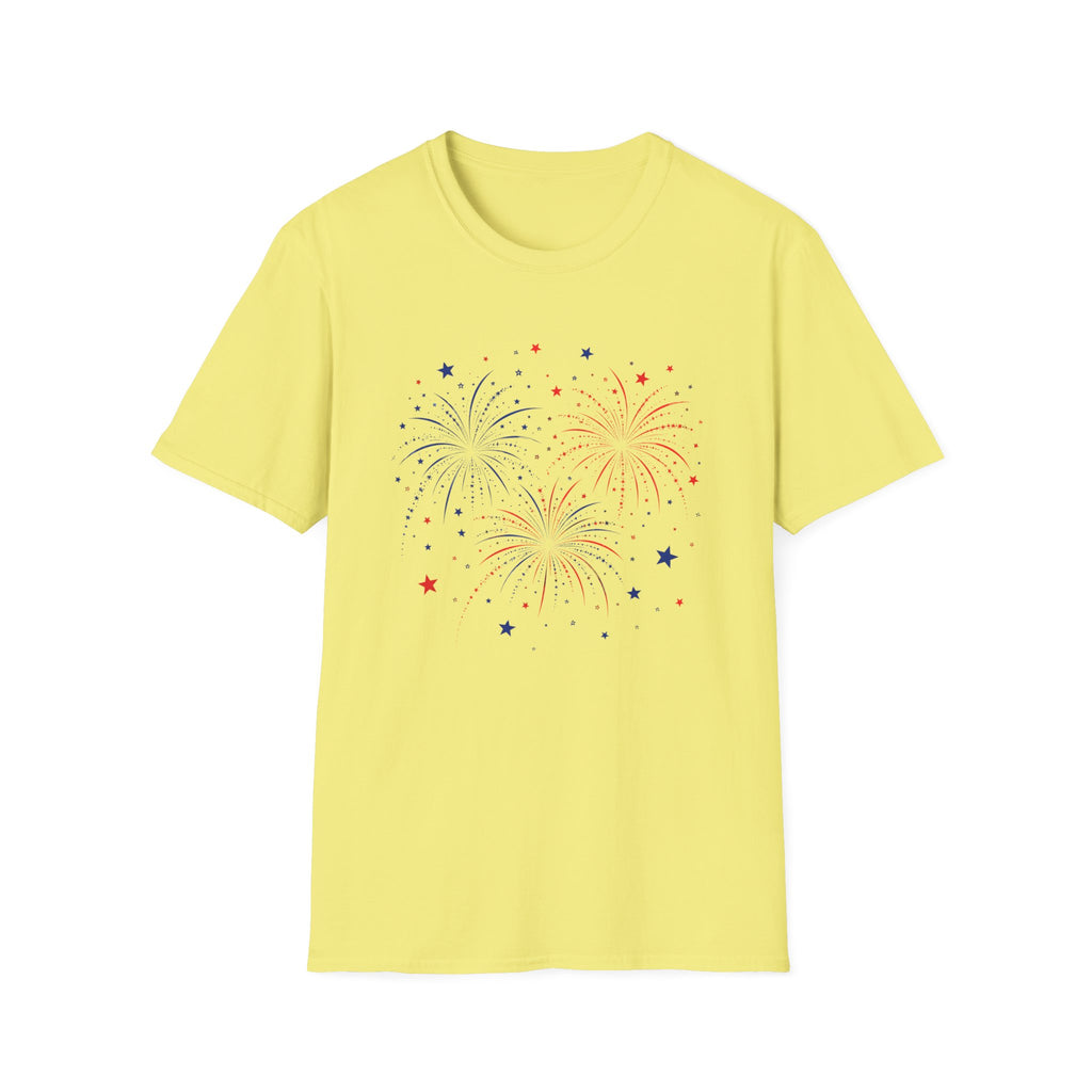 Minimalist Patriotic Fireworks T-Shirt | Fourth Of July American Flag Colors Graphic Tee, Red White Blue Stars Top