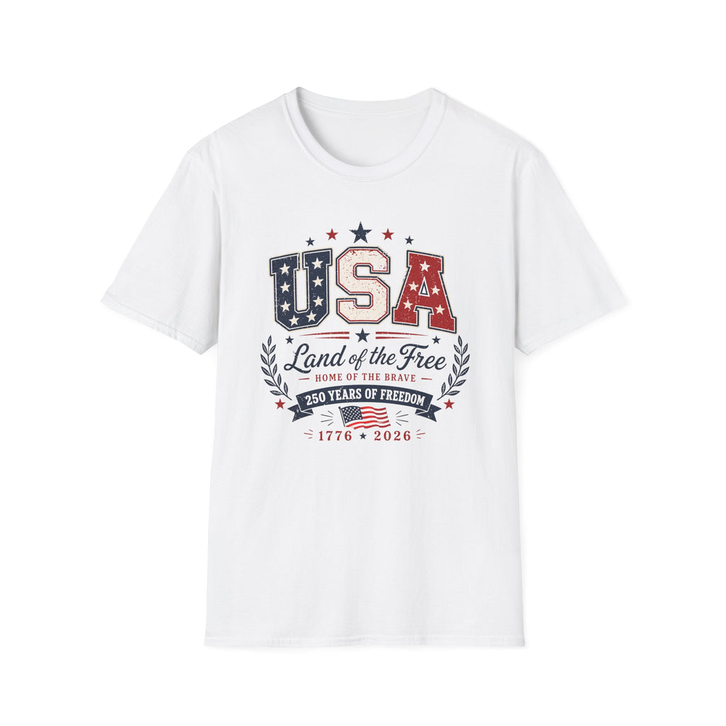 Land of the Free Home of the Brave 250 Years Shirt, 4th of July, Bold, Distressed USA Varsity 1776 2026 Tee, Classic Patriotic Banner America Anniversary T-Shirt, Gift
