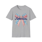 America Bow Patriotic T-Shirt, Coquette Fourth of July Graphic Tee, Vintage Americana Ribbon Shirt, Cute USA Holiday Apparel, Soft Girl Patriotic Outfit