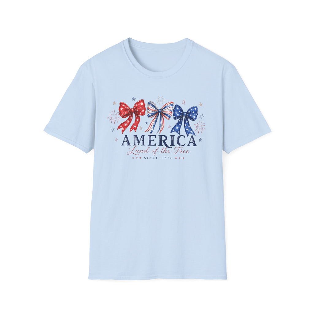America Land of the Free Graphic Tee - Patriotic 4th of July Coquette Bow T-Shirt