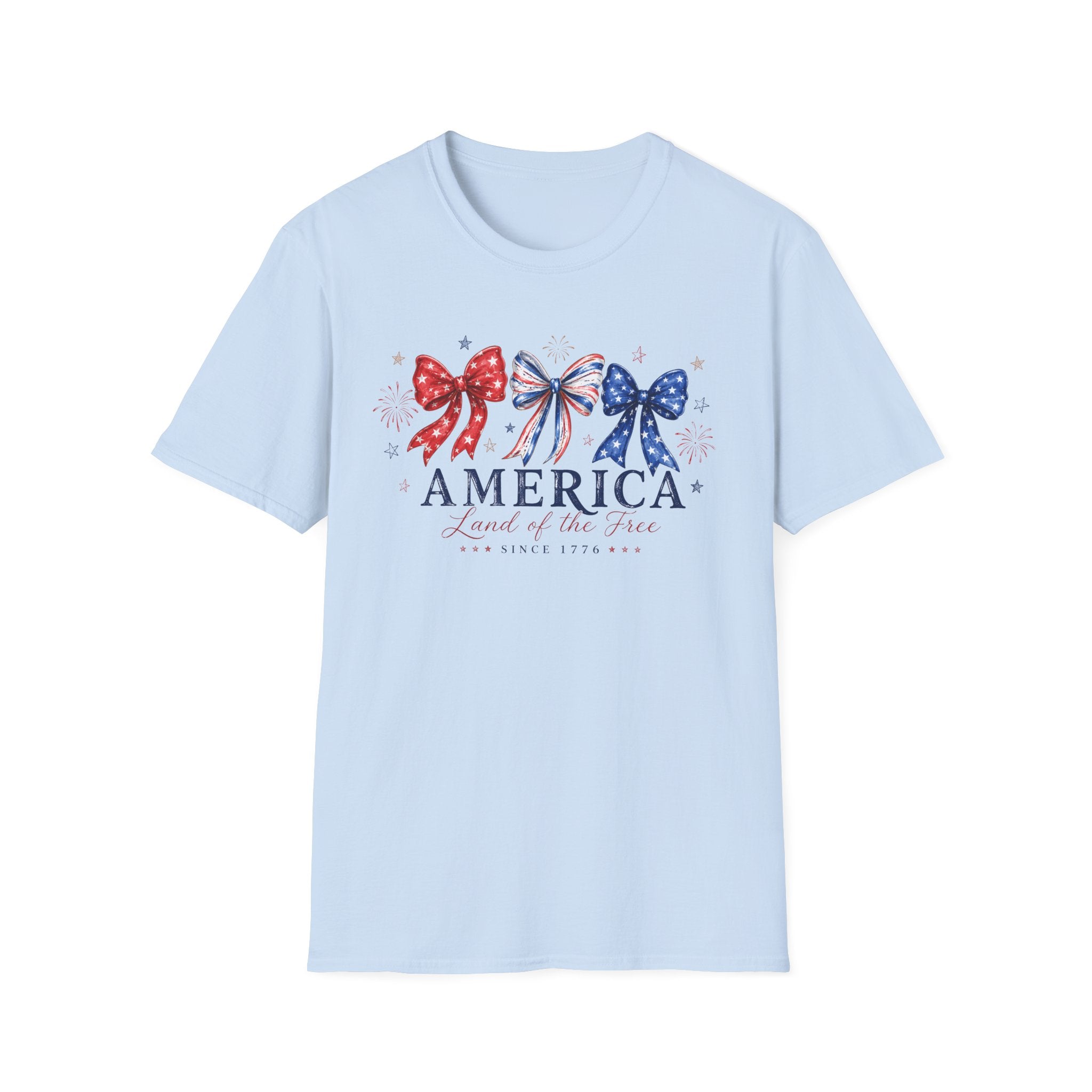 America Land of the Free Graphic Tee - Patriotic 4th of July Coquette Bow T-Shirt