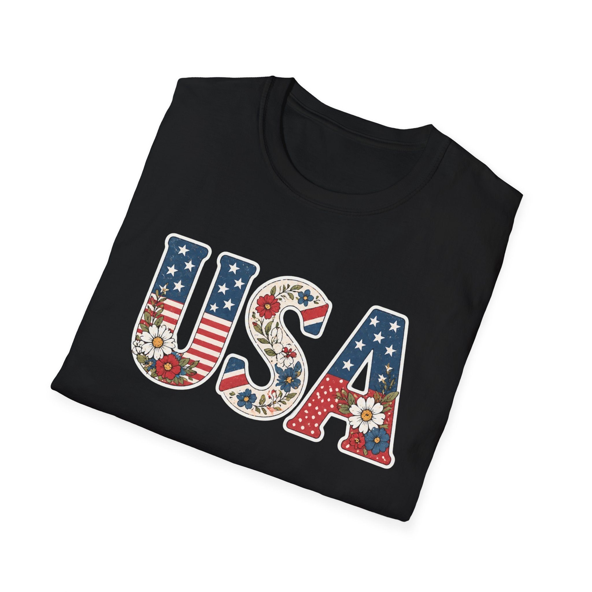 USA Patriotic Floral T-Shirt | American Flag Block Lettering Graphic Tee, Fourth Of July Vintage Cottagecore Top