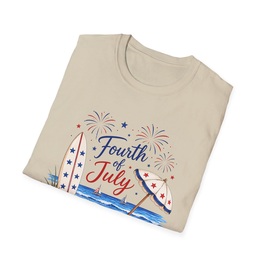 Fourth of July Beach Scene T-Shirt, Patriotic Summer Ocean Surfboard Tee, 4th of July Beach Vacation Shirt, Fireworks Umbrella Surfboard America