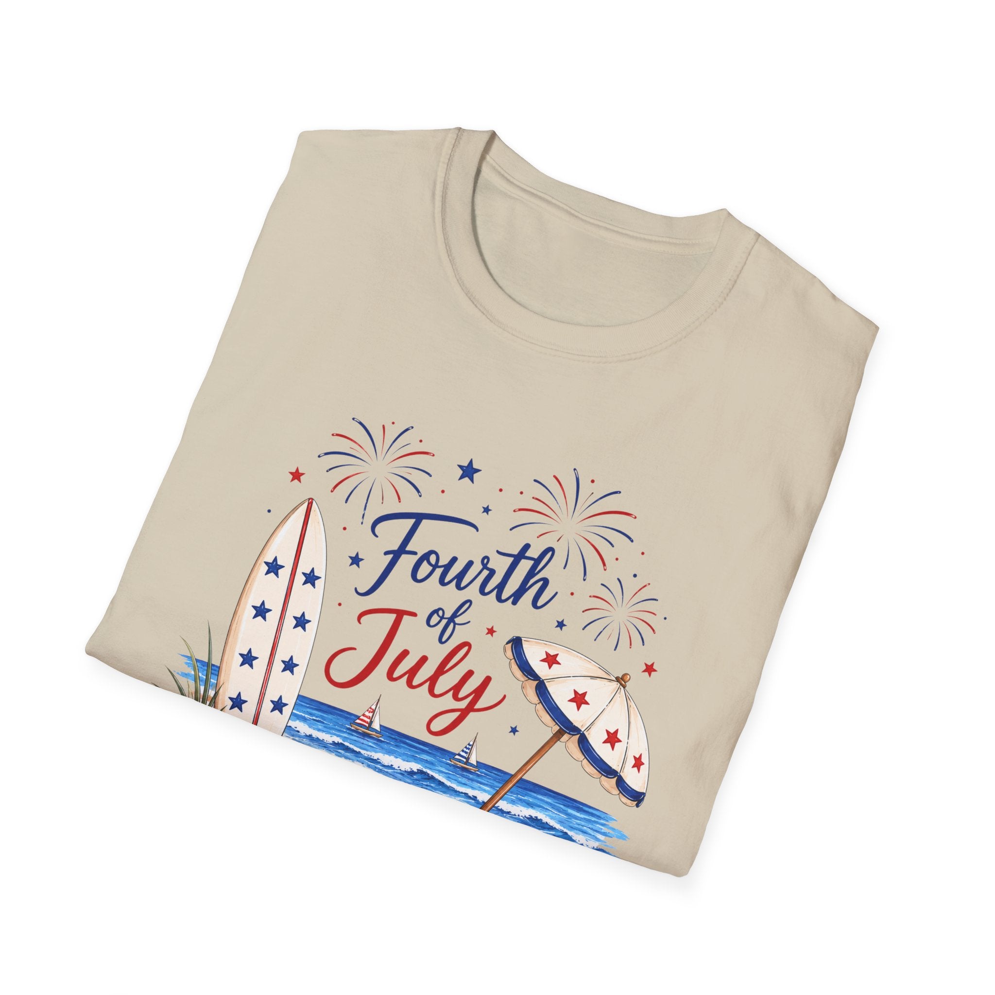Fourth of July Beach Scene T-Shirt, Patriotic Summer Ocean Surfboard Tee, 4th of July Beach Vacation Shirt, Fireworks Umbrella Surfboard America