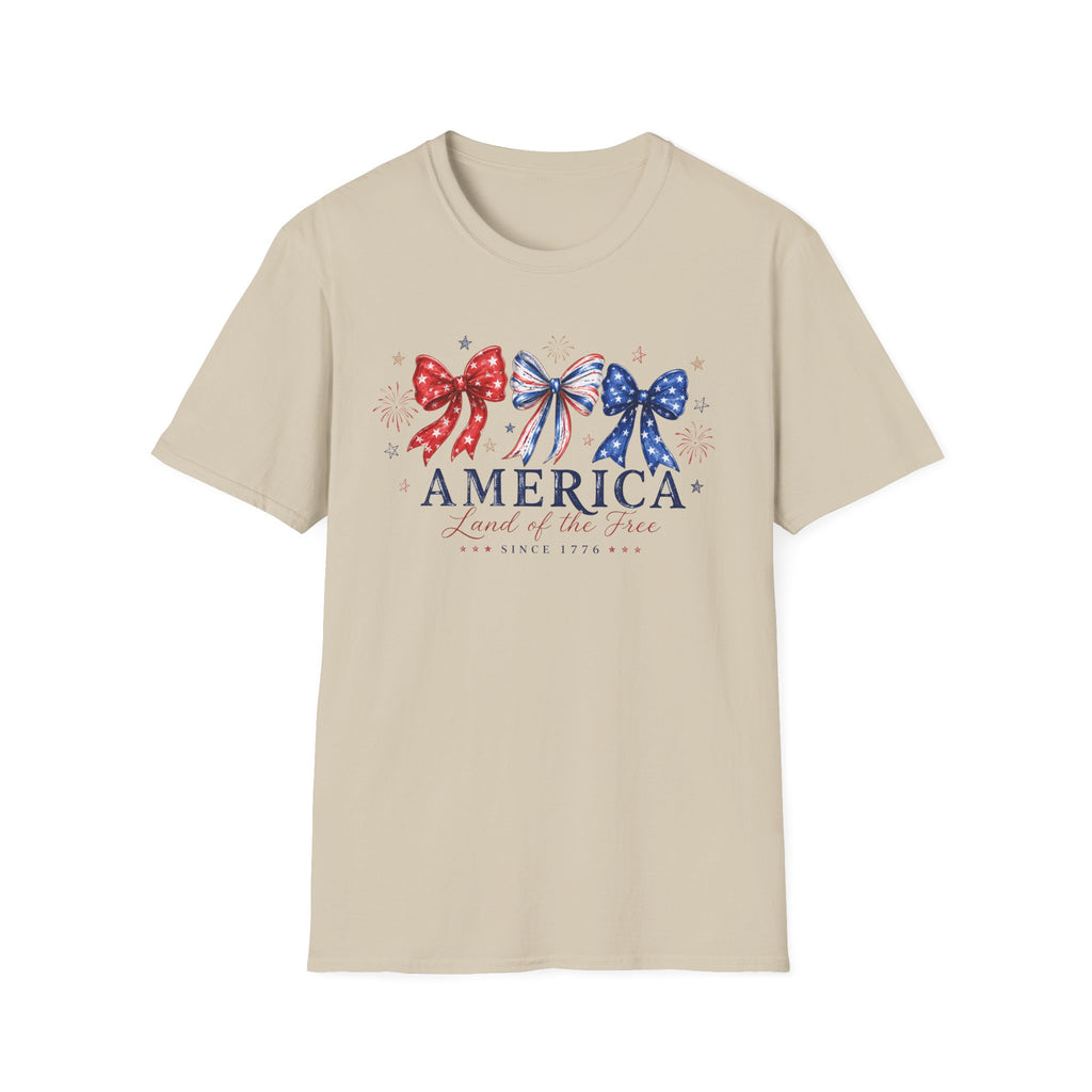 America Land of the Free Graphic Tee - Patriotic 4th of July Coquette Bow T-Shirt
