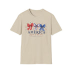 America Land of the Free Graphic Tee - Patriotic 4th of July Coquette Bow T-Shirt