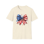 Watercolor American Flag Bow 4th of July Graphic Tee Stars Stripes - Patriotic Coquette T-Shirt
