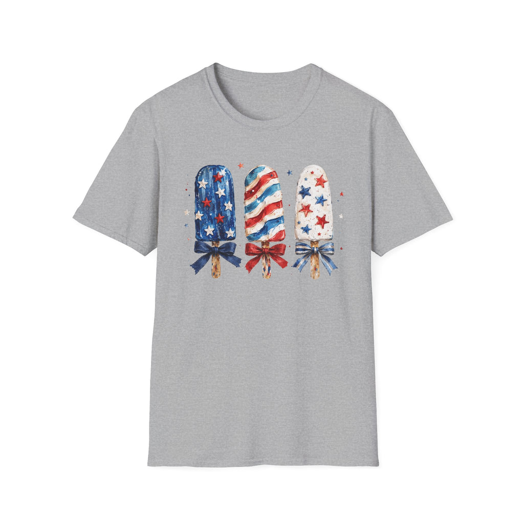 Patriotic Popsicle T-Shirt, Watercolor 4th of July Ice Cream Bow Tee, Cute Summer America Popsicle Shirt, Stars Stripes Coquette Bow Treat Gift Women