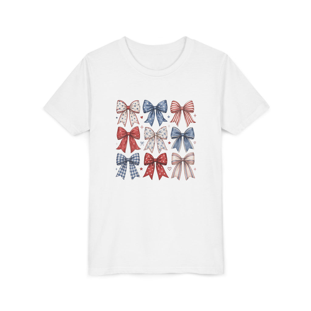 Patriotic Bow Grid Tee, Red Blue Checkered Ribbon Shirt, Cute USA Graphic Top, Fourth of July Celebration Outfit Youth Short Sleeve Tee