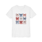 Patriotic Bow Grid Tee, Red Blue Checkered Ribbon Shirt, Cute USA Graphic Top, Fourth of July Celebration Outfit Youth Short Sleeve Tee