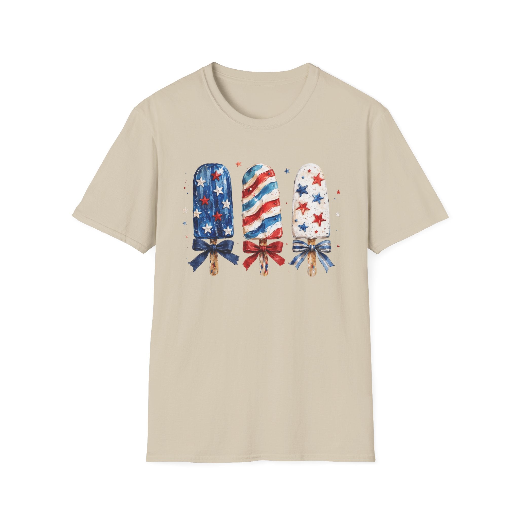 Patriotic Popsicle T-Shirt, Watercolor 4th of July Ice Cream Bow Tee, Cute Summer America Popsicle Shirt, Stars Stripes Coquette Bow Treat Gift Women