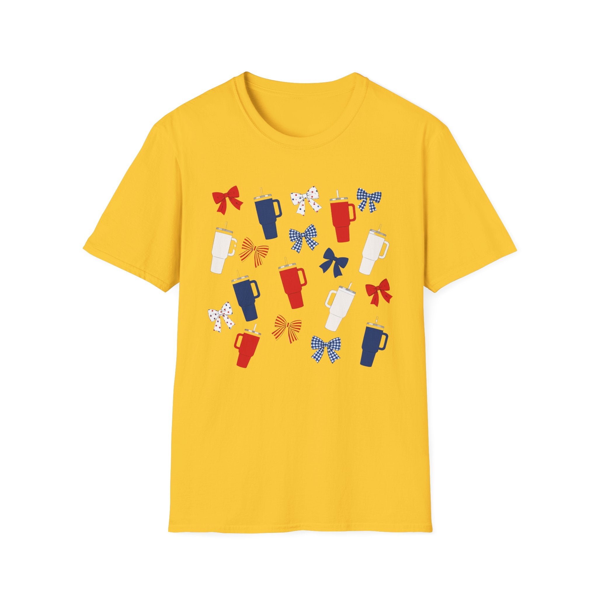 Patriotic Coffee Lover T-Shirt, Americana Bow Graphic Tee, Fourth of July Iced Drink Shirt, Cute Summer Cafe Apparel, Coquette USA Outfit
