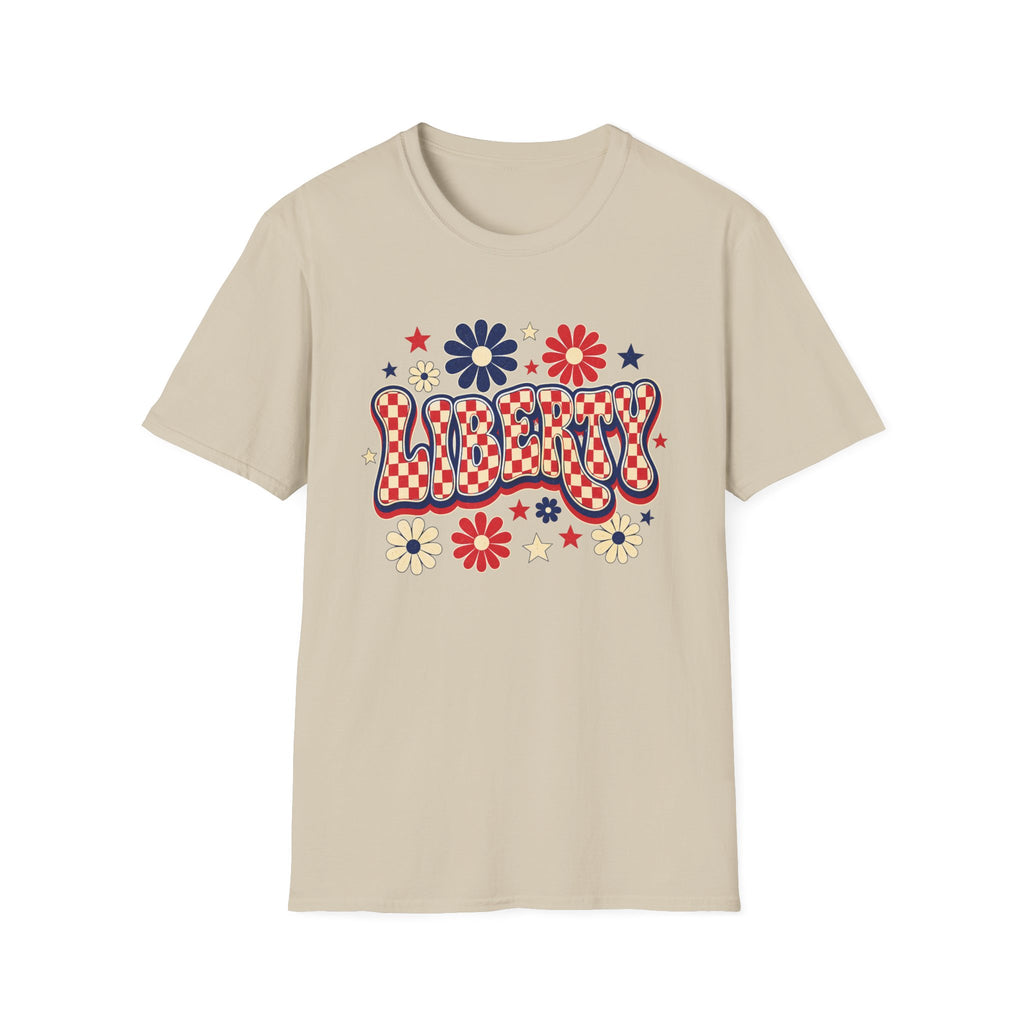 Liberty Retro USA Tee, Vintage Red White Blue Shirt, Patriotic Floral Graphic Top, Fourth of July Celebration Outfit Unisex Softstyle T-Shirt
