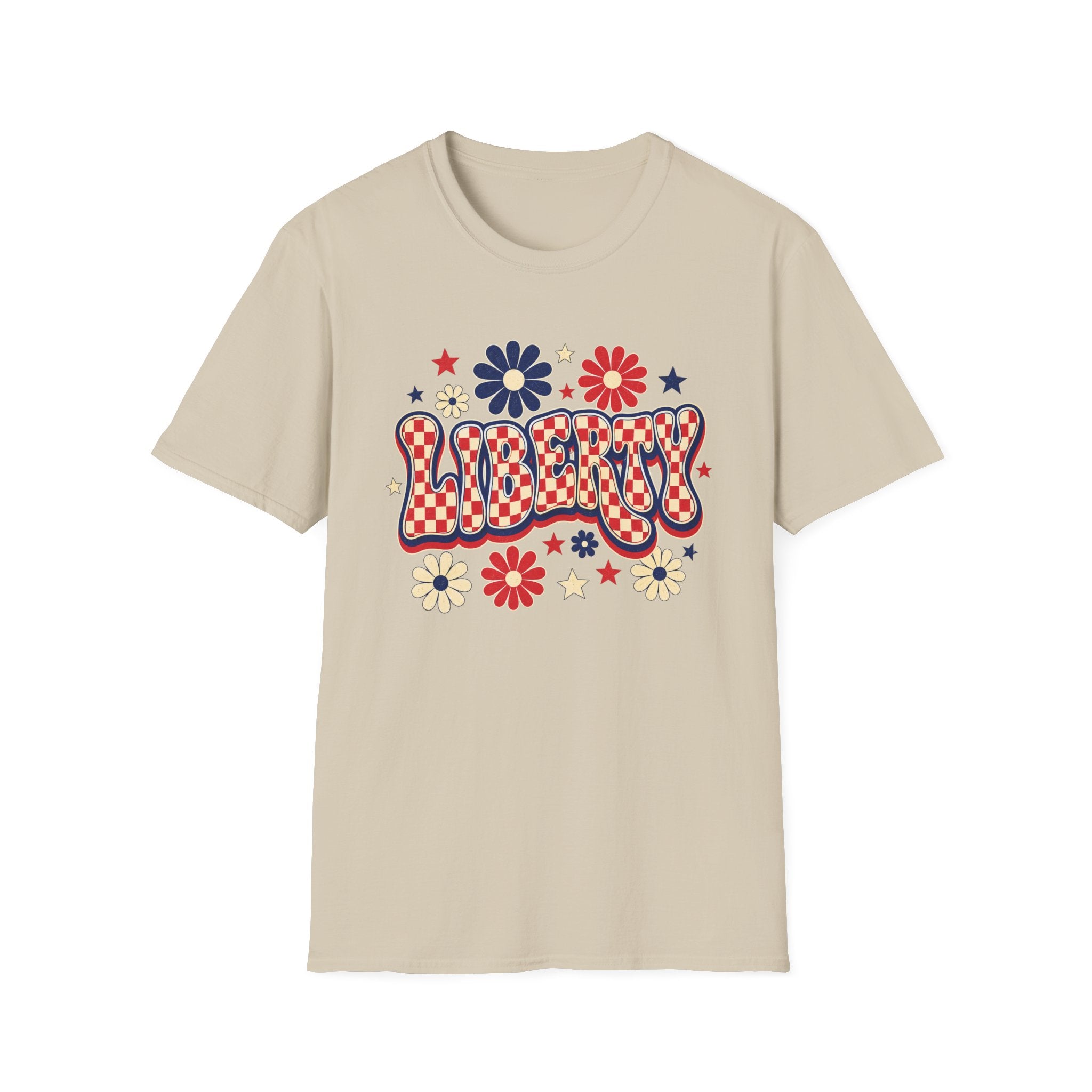 Liberty Retro USA Tee, Vintage Red White Blue Shirt, Patriotic Floral Graphic Top, Fourth of July Celebration Outfit Unisex Softstyle T-Shirt