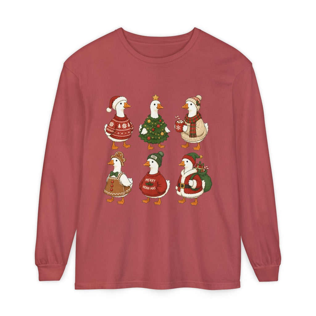 Cute Christmas Geese Holiday Ducks in Sweaters & Tree Long Sleeve T-shirt