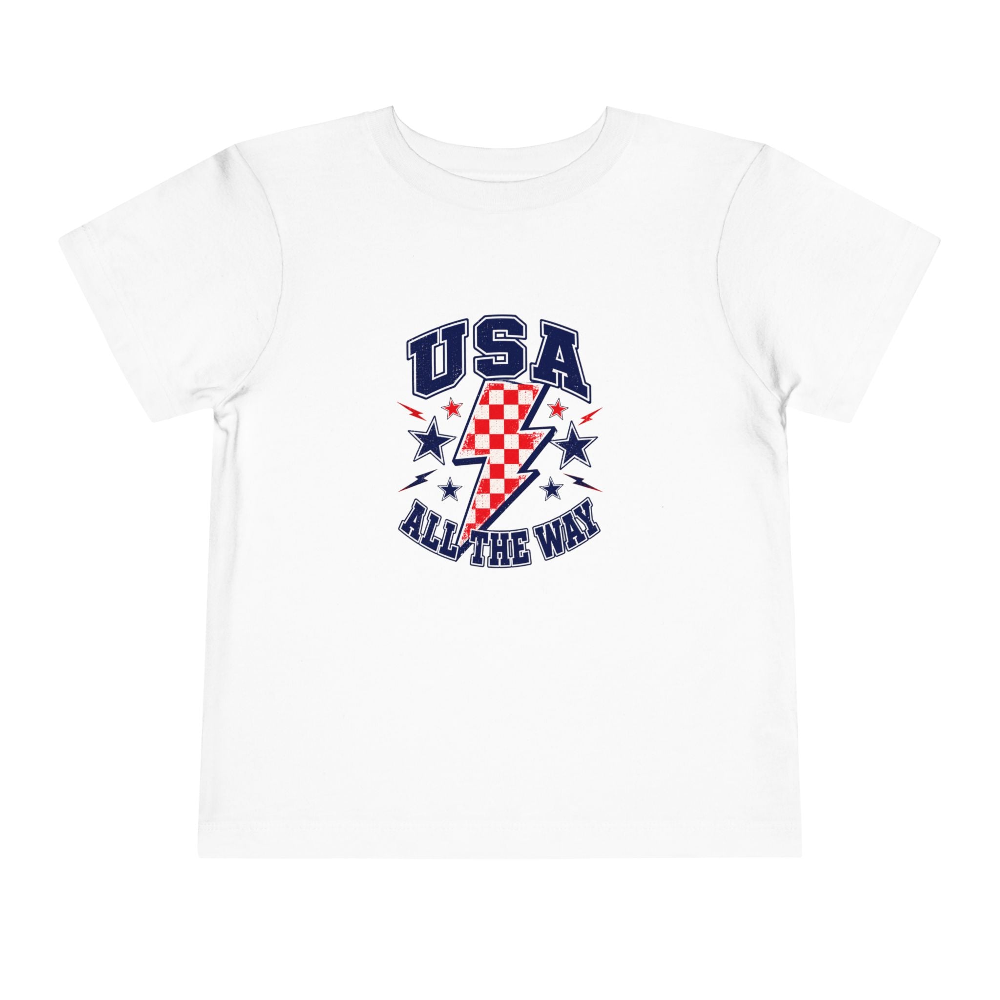 USA All The Way Tee, Patriotic Lightning Bolt Shirt, Red White Blue Star Graphic Top, Fourth of July Celebration Outfit Toddler Short Sleeve Tee