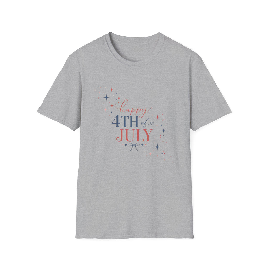 Happy 4th of July Sparkle Bow T-Shirt, Coquette Patriotic Sparkle Star Tee, Feminine Independence Day Shirt, Cute Mixed Typography 4th July