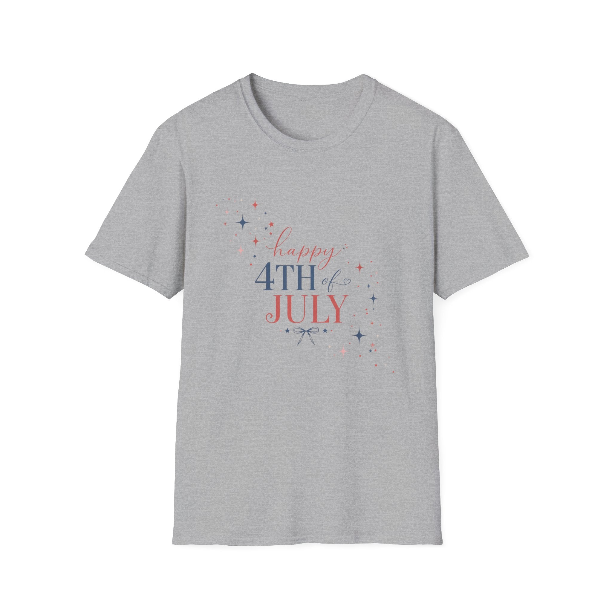 Happy 4th of July Sparkle Bow T-Shirt, Coquette Patriotic Sparkle Star Tee, Feminine Independence Day Shirt, Cute Mixed Typography 4th July