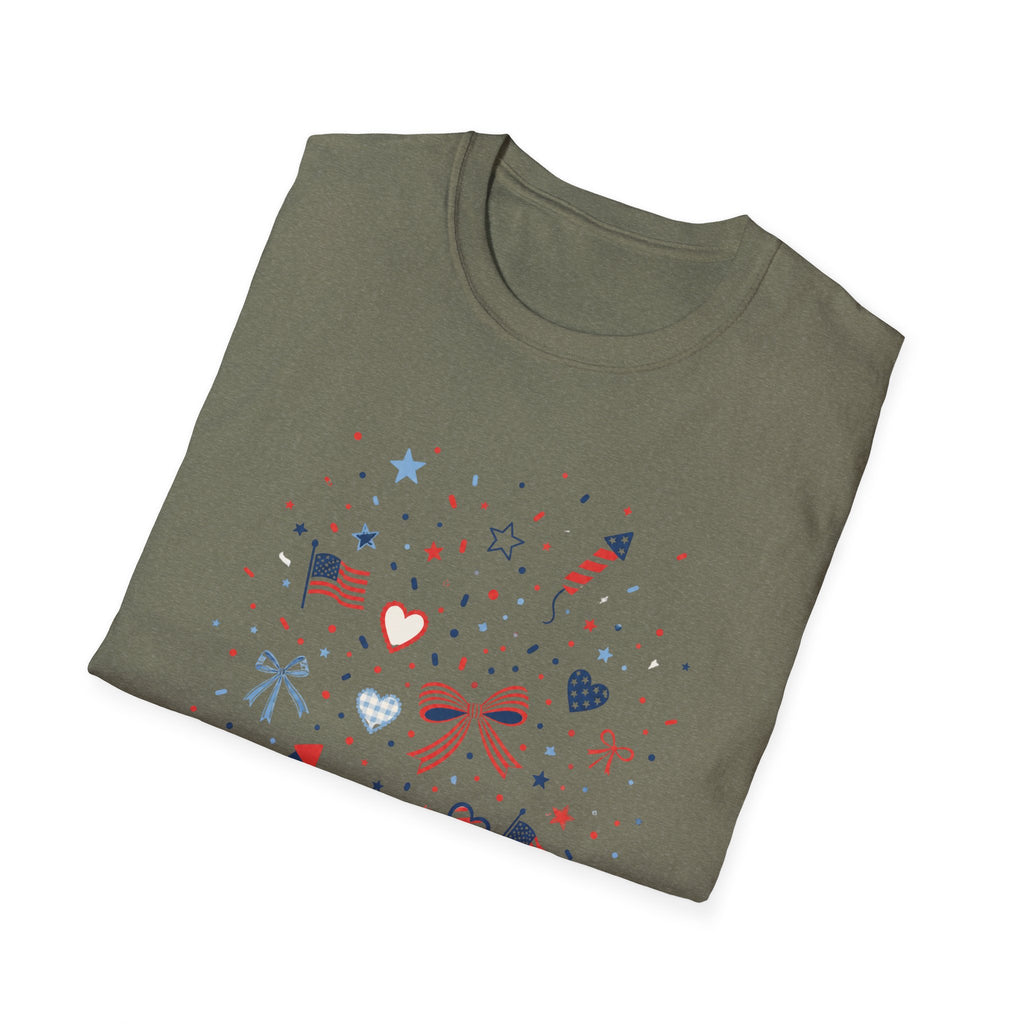Patriotic Doodle Collage T-Shirt, Cute 4th of July Bow Heart Flag Confetti Tee, Whimsical Festive America Shirt, Coquette Patriotic Icon Scatter Gift