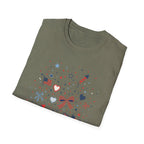 Patriotic Doodle Collage T-Shirt, Cute 4th of July Bow Heart Flag Confetti Tee, Whimsical Festive America Shirt, Coquette Patriotic Icon Scatter Gift