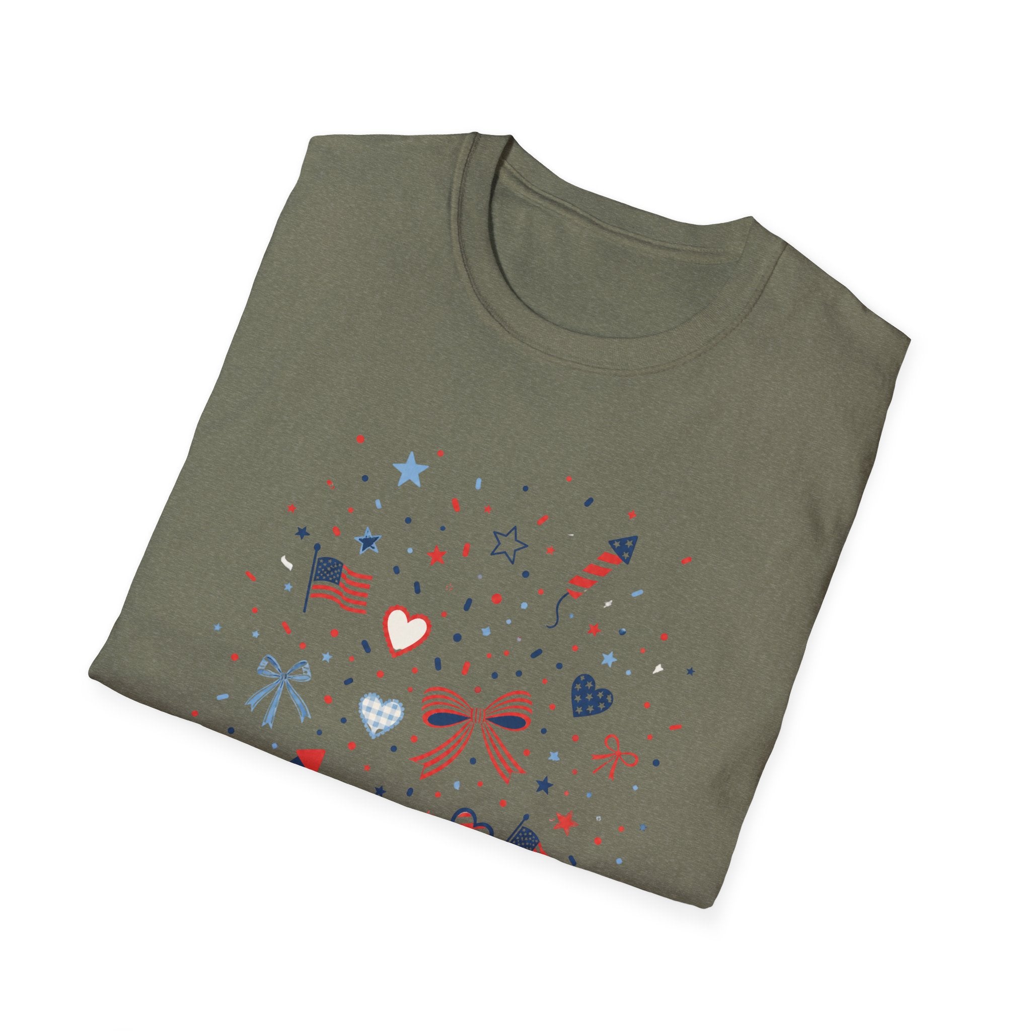 Patriotic Doodle Collage T-Shirt, Cute 4th of July Bow Heart Flag Confetti Tee, Whimsical Festive America Shirt, Coquette Patriotic Icon Scatter Gift