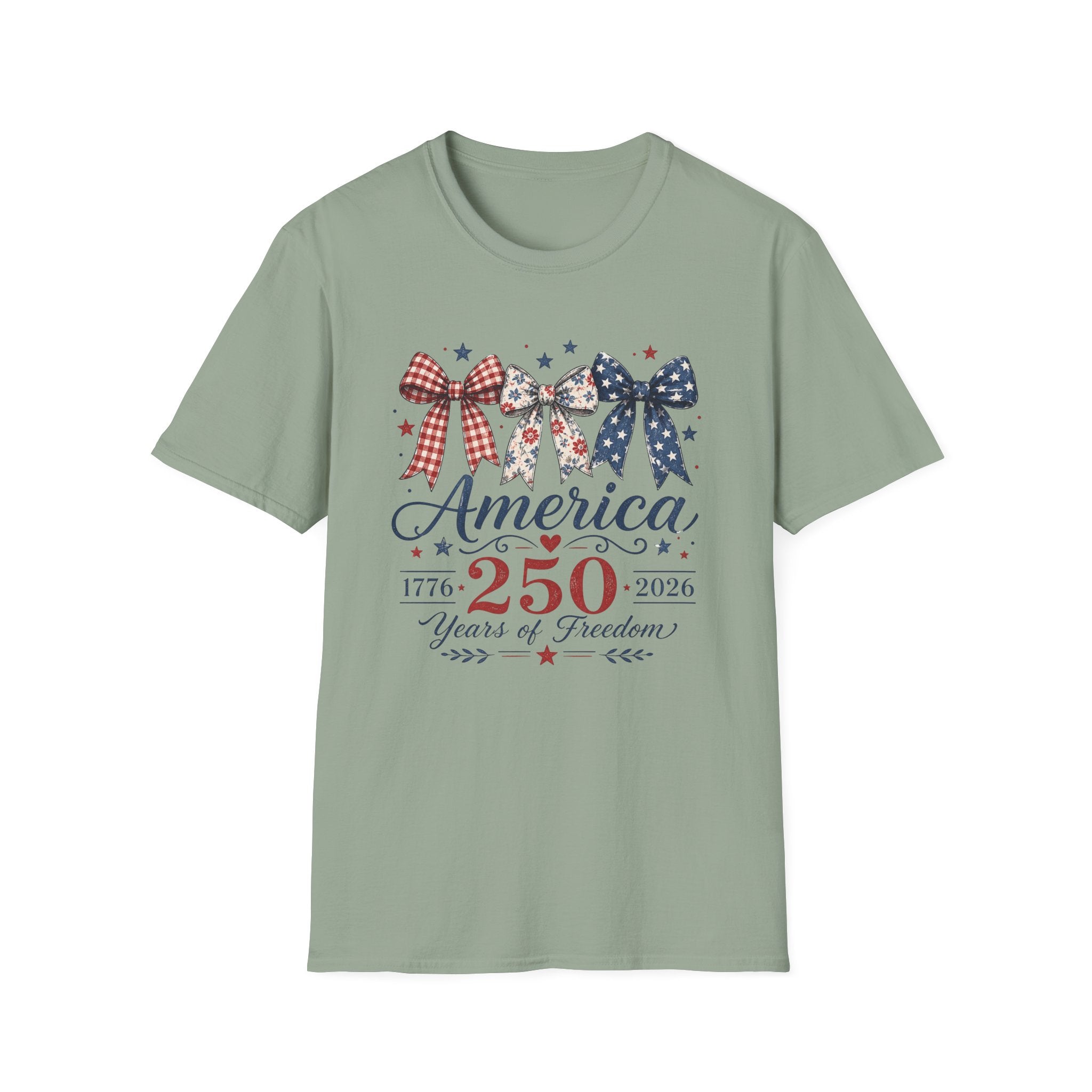 America 250 Years Of Freedom T-Shirt | Patriotic Coquette Ribbon Bow Graphic Tee, 1776 2026 Semiquincentennial Top