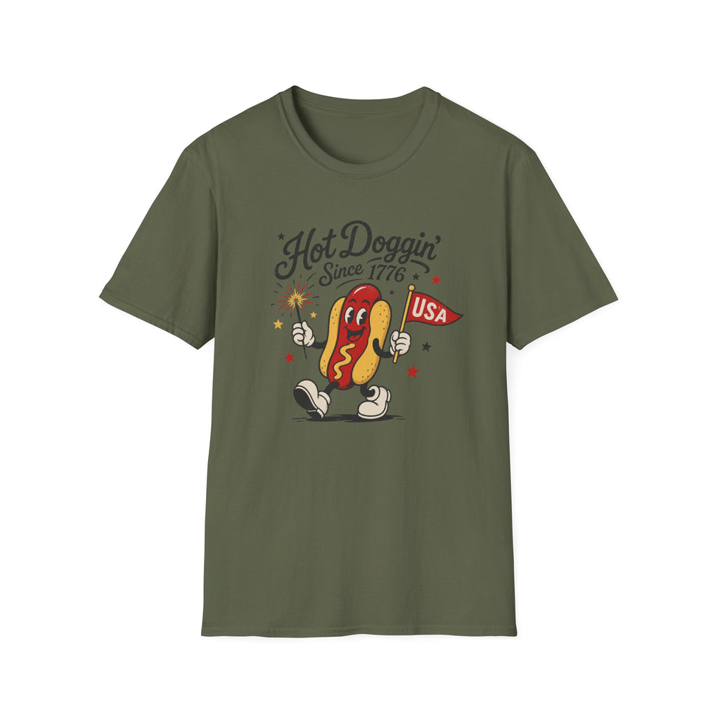 Hot Doggin Since 1776 Tee, Patriotic USA Hot Dog Shirt, Fun Red White Blue Graphic Top, Fourth of July Celebration Outfit Unisex Softstyle T-Shirt