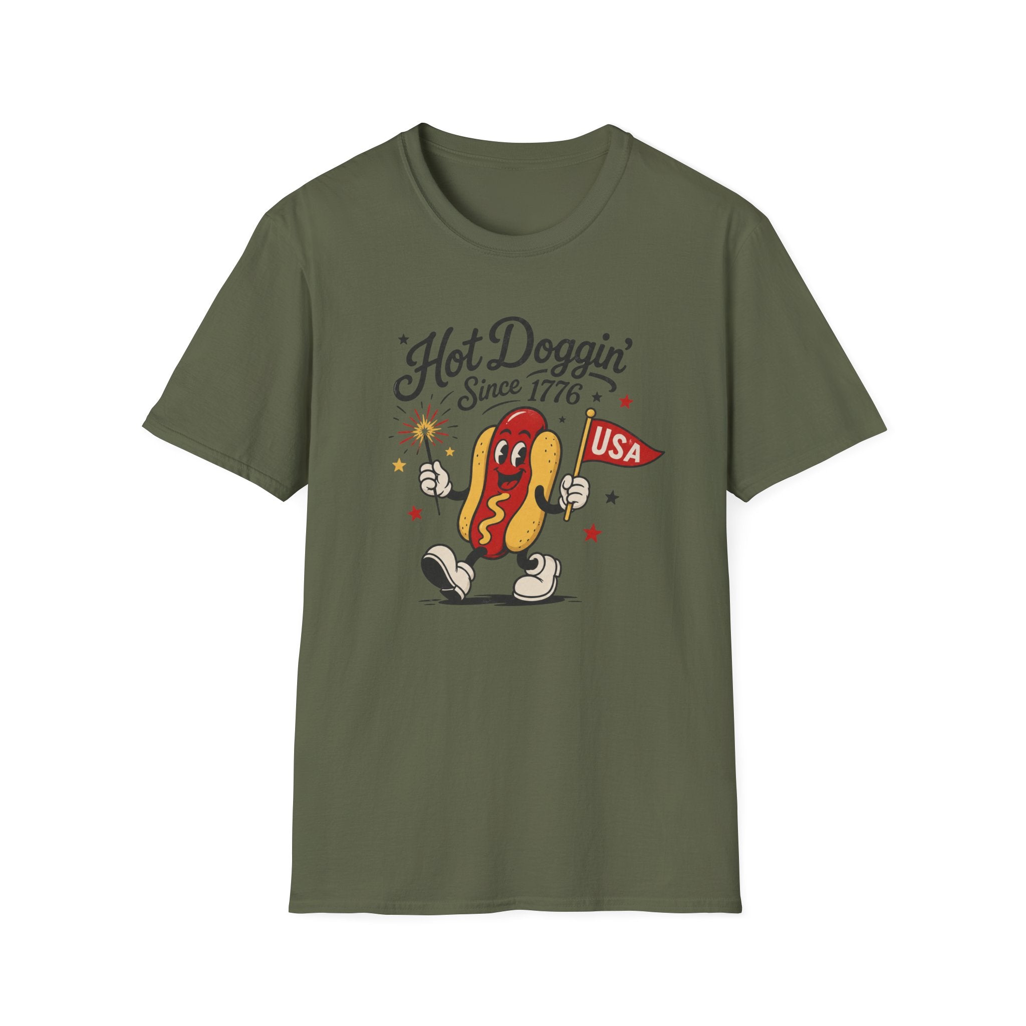Hot Doggin Since 1776 Tee, Patriotic USA Hot Dog Shirt, Fun Red White Blue Graphic Top, Fourth of July Celebration Outfit Unisex Softstyle T-Shirt
