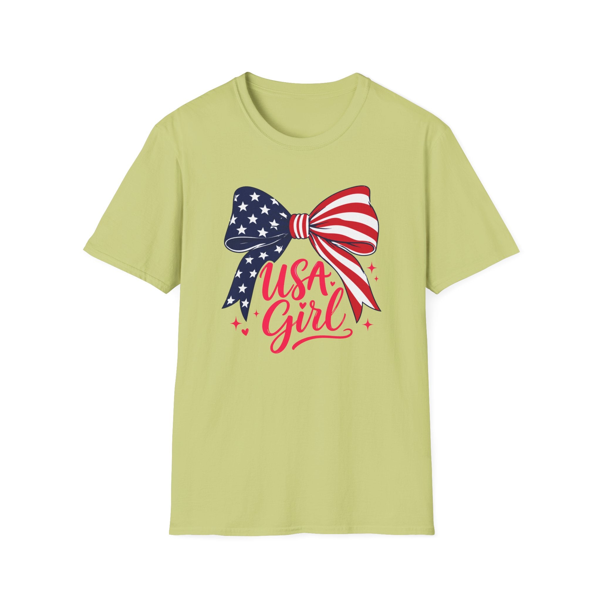 USA Girl T-Shirt, Coquette Flag Bow Pink Script Tee, 4th of July Girl Shirt Women Teens, Stars Stripes Bow Sparkle Patriotic Gift, Cute Pink Script Independence Day Tee