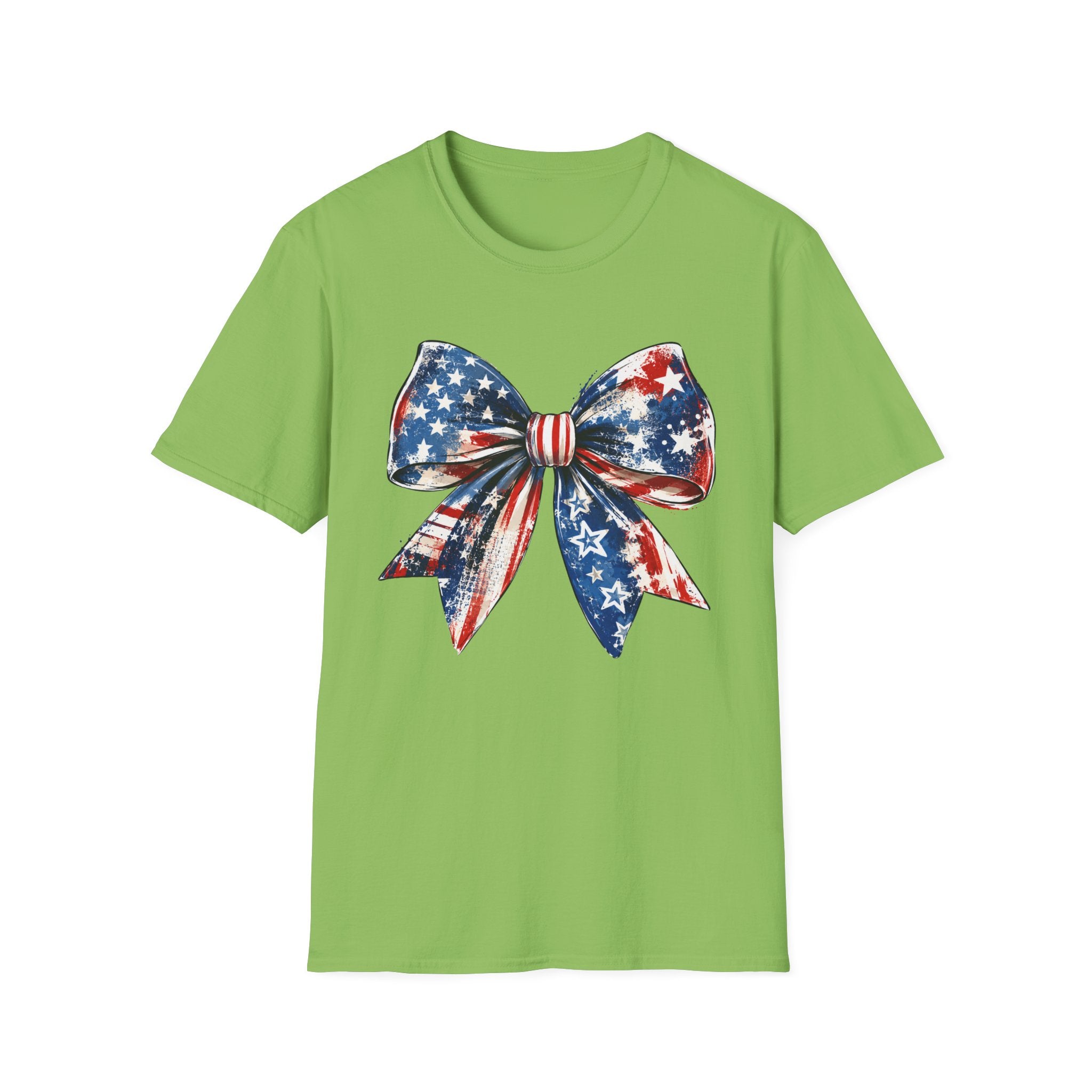 Distressed Watercolor Patriotic Bow T-Shirt, Vintage Grunge American Flag Bow Tee, Worn Texture Coquette 4th of July Shirt, Brushstroke Stars Stripes Bow Gift