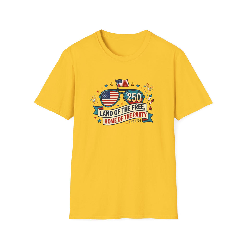 Land of the Free Home of the Party Tee, USA 250 Sunglasses Shirt, Red White Blue Celebration Graphic Top, Patriotic Fourth of July Outfit T-Shirt