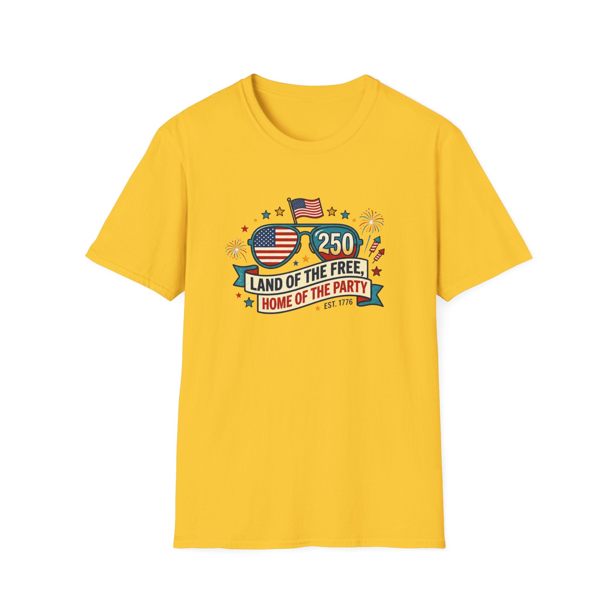 Land of the Free Home of the Party Tee, USA 250 Sunglasses Shirt, Red White Blue Celebration Graphic Top, Patriotic Fourth of July Outfit T-Shirt