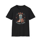 USA Honky Tonk T-Shirt, Patriotic Cowboy Boot Coquette Bow Tee, Country Western 4th of July Shirt, Star Cowgirl Boot America Gift Women, Country Patriotic Concert Tee