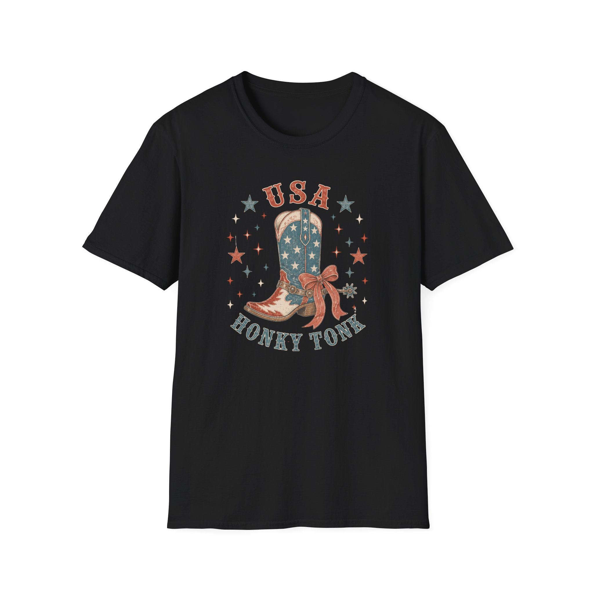 USA Honky Tonk T-Shirt, Patriotic Cowboy Boot Coquette Bow Tee, Country Western 4th of July Shirt, Star Cowgirl Boot America Gift Women, Country Patriotic Concert Tee