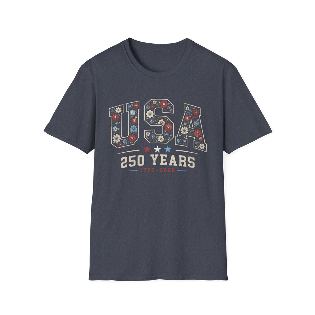 USA 250 Years T-Shirt | Semiquincentennial Patriotic Floral Graphic Tee, 1776 2026 Varsity Block Lettering Top