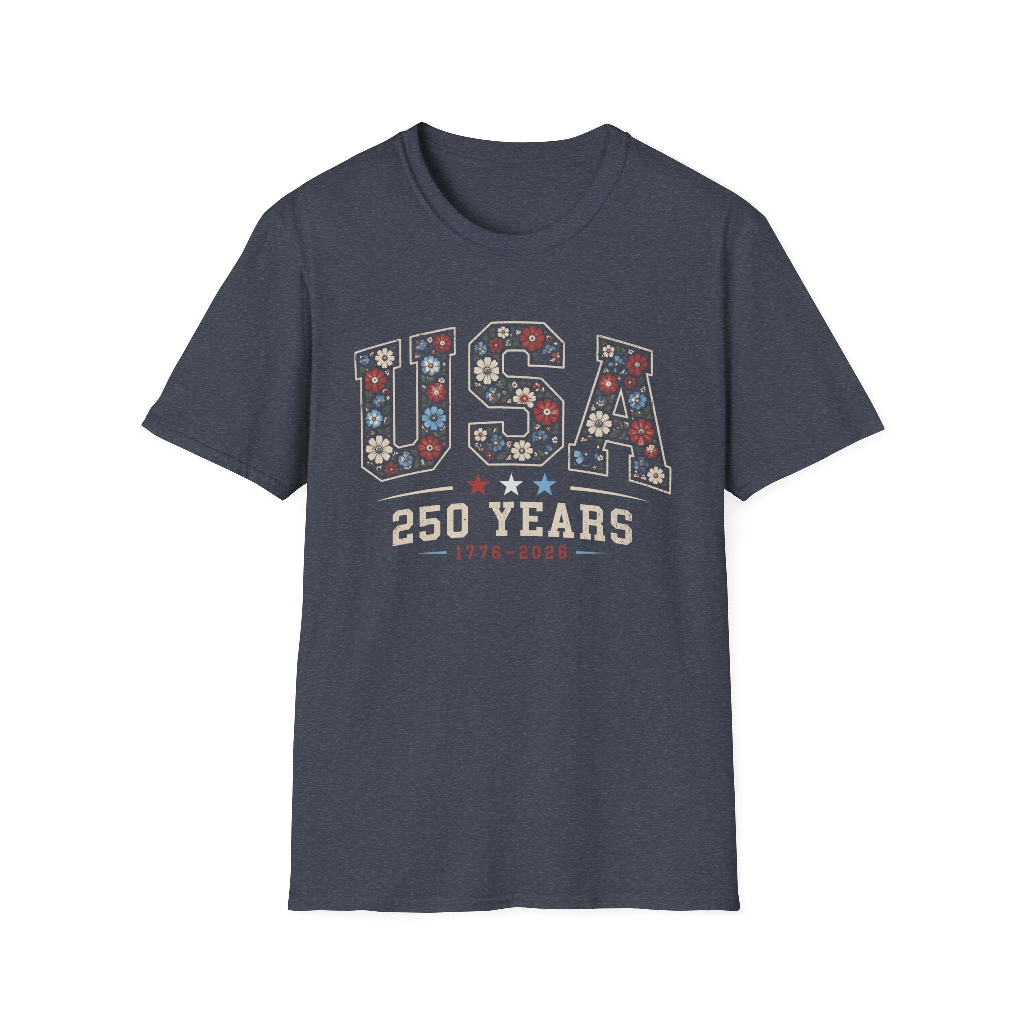 USA 250 Years T-Shirt | Semiquincentennial Patriotic Floral Graphic Tee, 1776 2026 Varsity Block Lettering Top