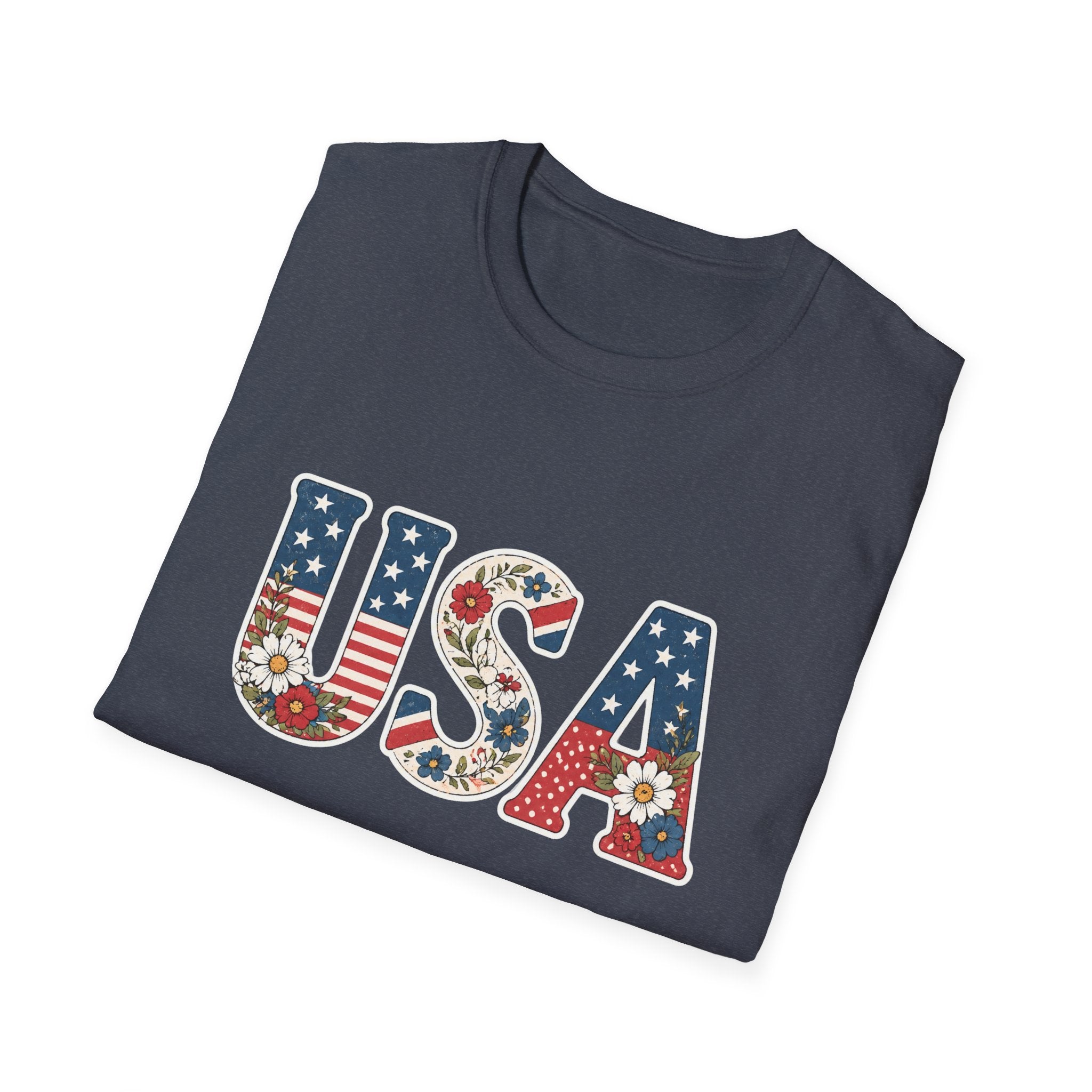 Floral USA T-Shirt, Cottagecore Patriotic Flower Letter Tee, 4th of July Wildflower America Shirt, Stars Stripes Daisy Poppy Gift, Vintage Botanical